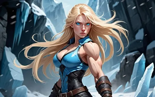 Prompt: Female figure. Greater bicep definition. Sharper, clearer blue eyes. Nosebleed. Long Blonde hair flapping. Frostier, glacier effects. Fierce combat stance. Icy Knuckles.  