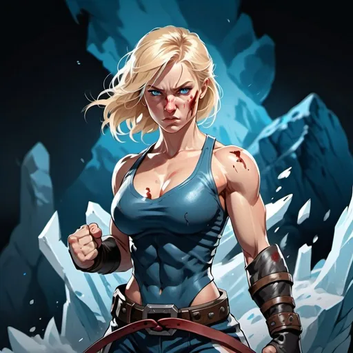 Prompt:  Female figure. Greater bicep definition. Sharper, clearer blue eyes. Blonde hair  flapping. Nose bleed. Frostier, glacier effects. Fierce combat stance. Raging Fists. 