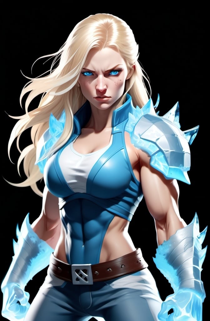 Prompt: Female figure. Greater bicep definition. Sharper, clearer blue eyes. Nosebleed. Long Blonde hair flapping. Frostier, glacier effects. Fierce combat stance. Raging Fists. Icy Knuckles.