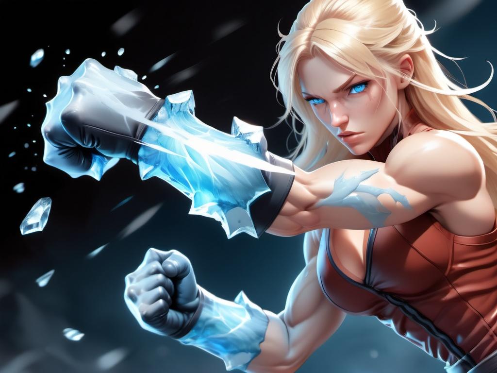 Prompt: Female figure. Greater bicep definition. Sharper, clearer blue eyes. Nosebleed. Long Blonde hair flapping. Frostier, glacier effects. Fierce combat stance. Raging Fists. Icy Knuckles.