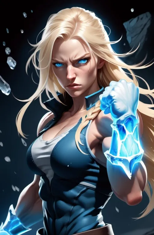 Prompt: Female figure. Greater bicep definition. Sharper, clearer blue eyes. Nosebleed. Long Blonde hair flapping. Frostier, glacier effects. Fierce combat stance. Raging Fists. Icy Knuckles.