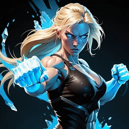 Prompt: Female figure. Greater bicep definition. Sharper, clearer blue eyes. Bleeding. Long Blonde hair flapping. Frostier, glacier effects. Fierce combat stance. Raging Fists. Icy Knuckles. 