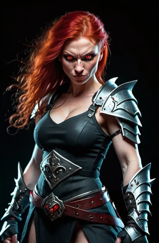 Prompt: Evil red-haired warrior woman with a mischievous grin. Carmine, red eyes. Fierce combat stance.