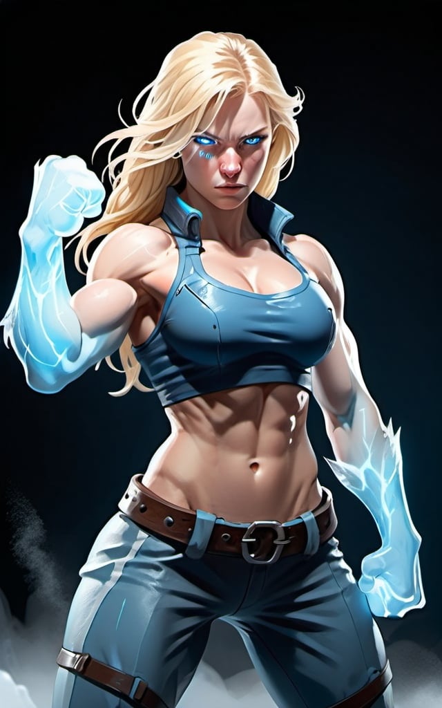 Prompt: Female figure. Greater bicep definition. Sharper, clearer blue eyes. Nosebleed. Long Blonde hair flapping. Frostier, glacier effects. Fierce combat stance. Icy Knuckles. Engulfed in Mist. 