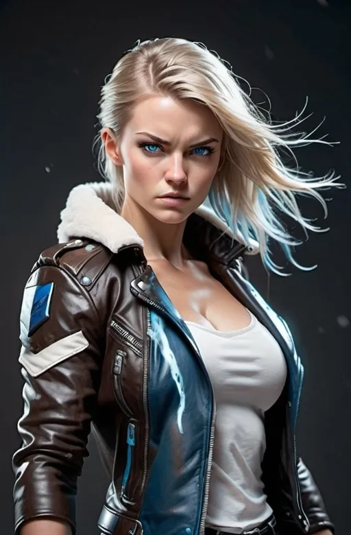 Prompt: Female figure. Greater bicep definition. Sharper, clearer blue eyes.  Frostier, glacier effects. Fierce combat stance. Leather Jacket. 