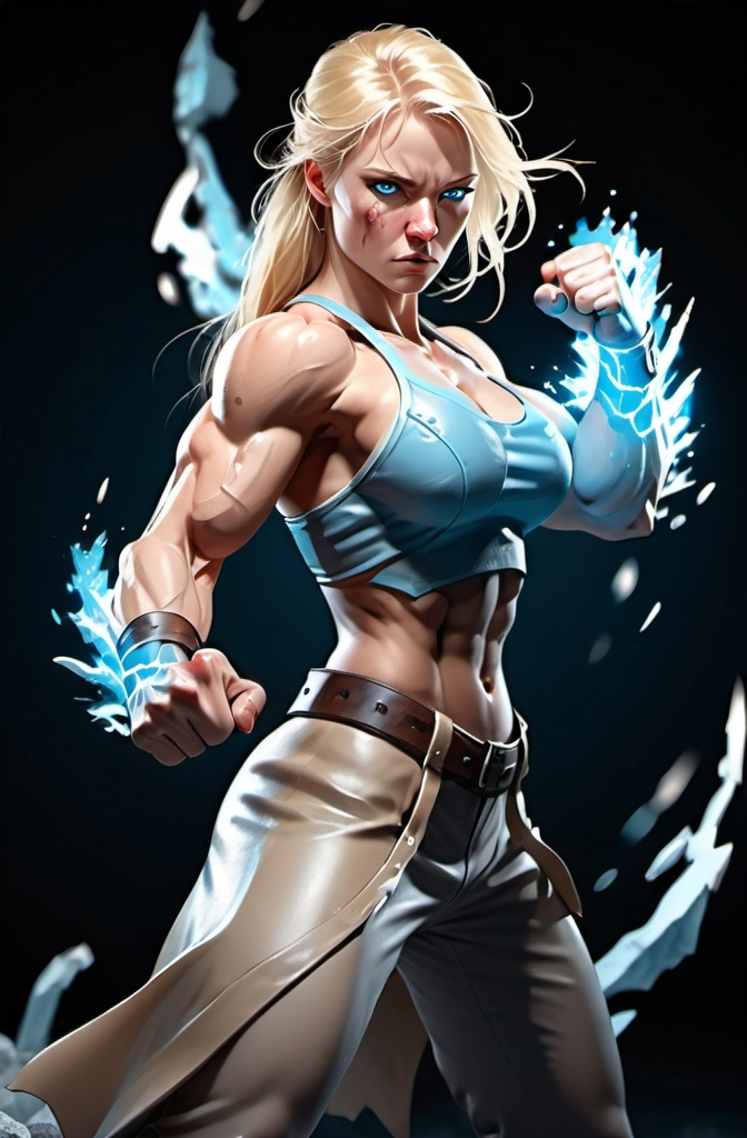 Prompt: Female figure. Greater bicep definition. Sharper, clearer blue eyes. Nosebleed. Long Blonde hair flapping. Frostier, glacier effects. Fierce combat stance. Raging Fists.