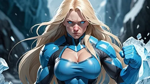 Prompt: Female figure. Greater bicep definition. Sharper, clearer blue eyes. Nosebleed. Long Blonde hair flapping. Blue outfit. Frostier, glacier effects. Fierce combat stance. Raging Fists. Icy Knuckles. 