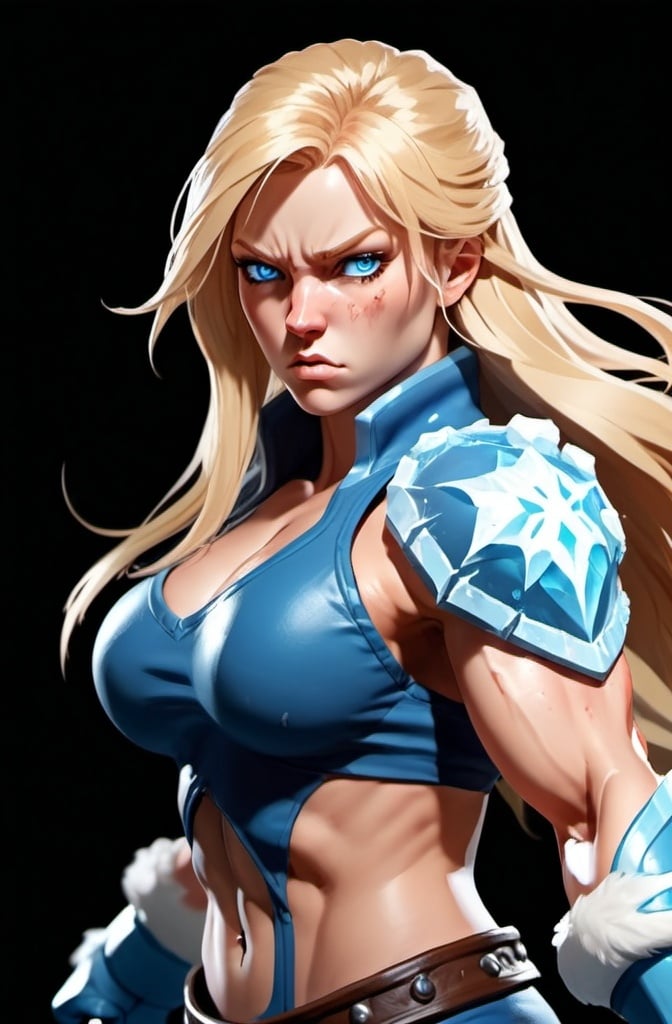 Prompt: Female figure. Greater bicep definition. Sharper, clearer blue eyes. Nosebleed. Long Blonde hair flapping. Frostier, glacier effects. Fierce combat stance. Raging Fists. Icy Knuckles.