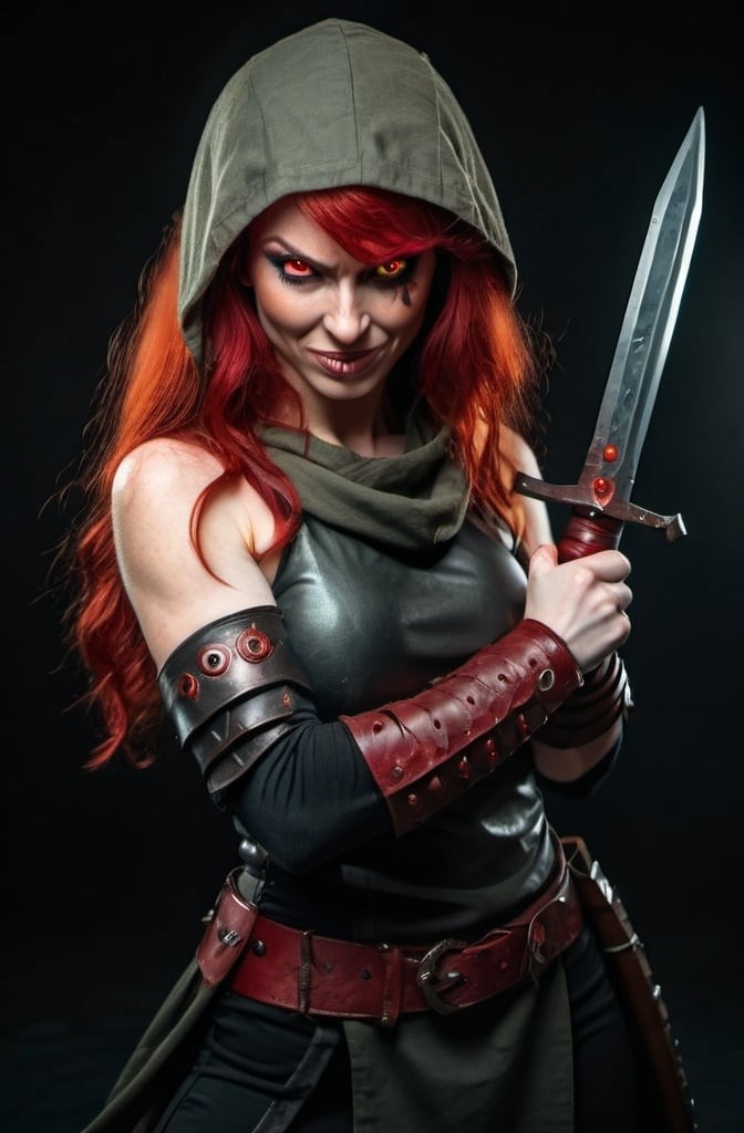 Prompt: Evil red-haired warrior woman with a mischievous grin. Carmine, red eyes. Fierce combat stance.