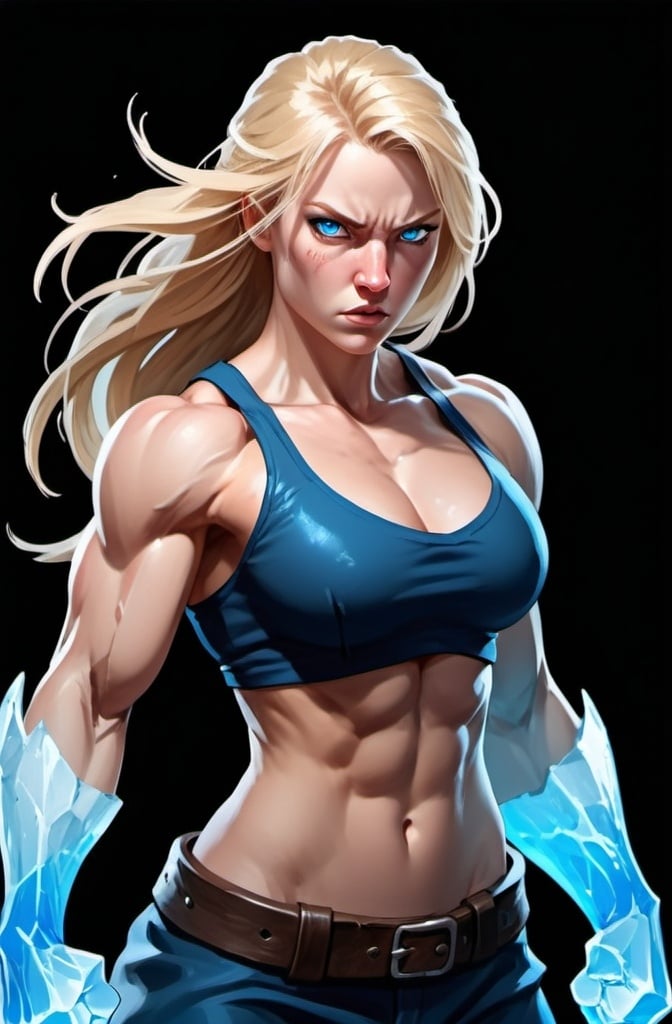 Prompt: Female figure. Greater bicep definition. Sharper, clearer blue eyes. Nosebleed. Long Blonde hair flapping. Frostier, glacier effects. Fierce combat stance. Raging Fists. Icy Knuckles. 