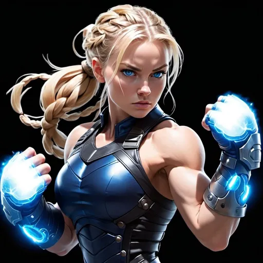 Prompt: Female figure. Greater bicep definition. Dark Blue eyes. Blonde braided ponytail. Fierce combat stance. Raging Gravity-powered Gauntlets. 
