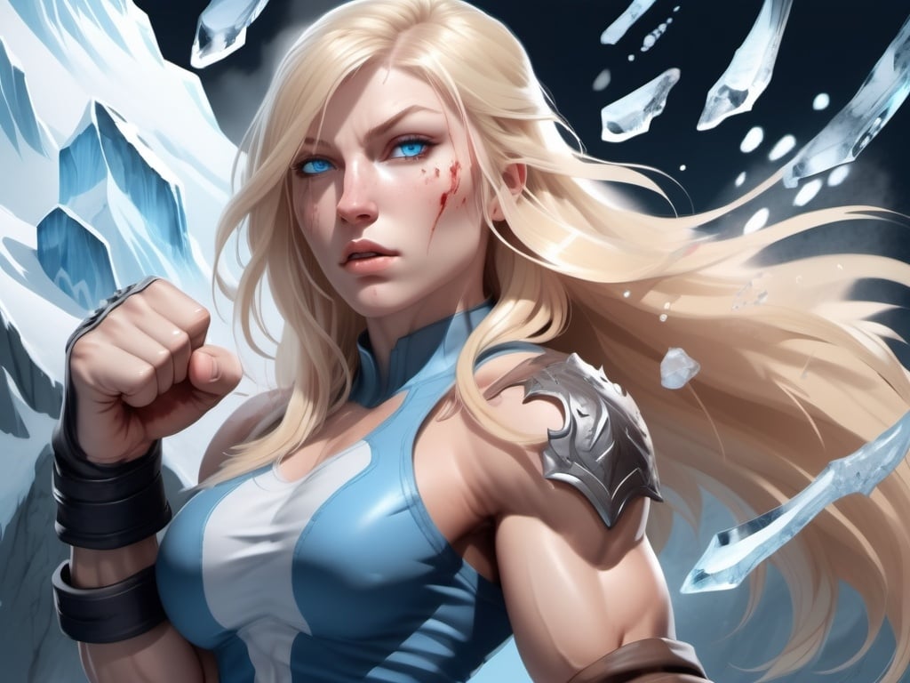 Prompt: Female figure. Greater bicep definition. Sharper, clearer blue eyes. Nosebleed. Long Blonde hair flapping. Frostier, glacier effects. Fierce combat stance. Raging Fists. Icy Knuckles.