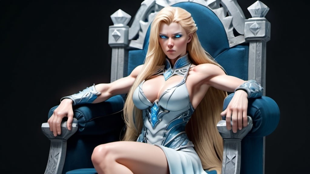 Prompt: Female figure. Greater bicep definition. Sharper, clearer blue eyes. Long Blonde hair flapping. Frostier, glacier effects. Fierce combat stance. Sitting on a throne. Resting her cheek on her hand.