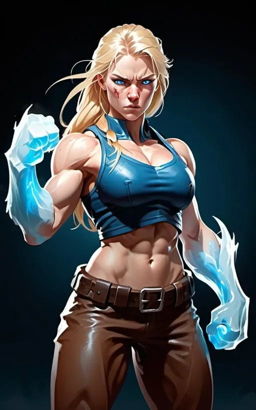 Prompt: Female figure. Greater bicep definition. Sharper, clearer blue eyes. Nosebleed. Long Blonde hair flapping. Frostier, glacier effects. Fierce combat stance. Icy Knuckles. Enraged.