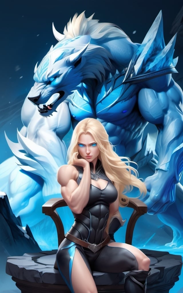 Prompt: Female figure. Greater bicep definition. Sharper, clearer blue eyes. Long Blonde hair flapping. Frostier, glacier effects. Fierce combat stance. Sitting on a throne. Resting her cheek on her hand.