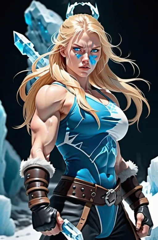 Prompt: Female figure. Greater bicep definition. Sharper, clearer blue eyes. Nosebleed. Long Blonde hair flapping. Frostier, glacier effects. Fierce combat stance. Icy Knuckles.