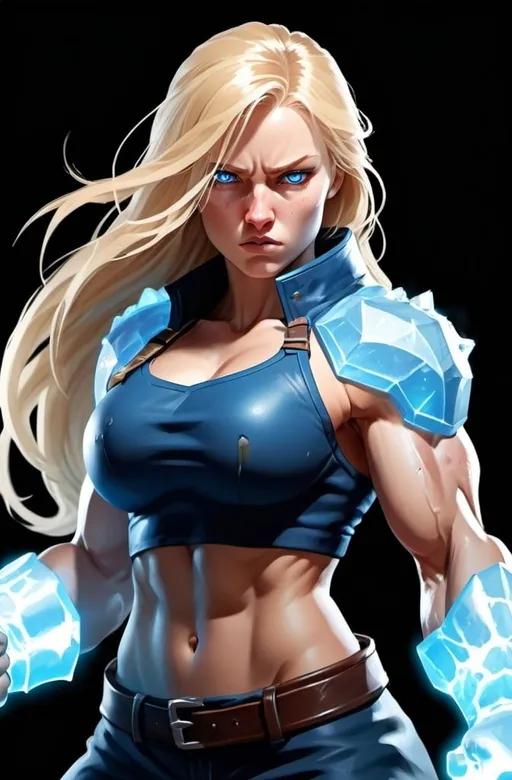 Prompt: Female figure. Greater bicep definition. Sharper, clearer blue eyes. Nosebleed. Long Blonde hair flapping. Frostier, glacier effects. Fierce combat stance. Raging Fists. Icy Knuckles. 