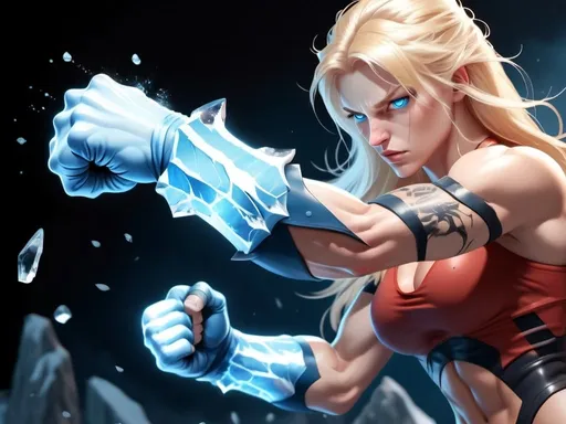 Prompt: Female figure. Greater bicep definition. Sharper, clearer blue eyes. Nosebleed. Long Blonde hair flapping. Frostier, glacier effects. Fierce combat stance. Raging Fists. Icy Knuckles.