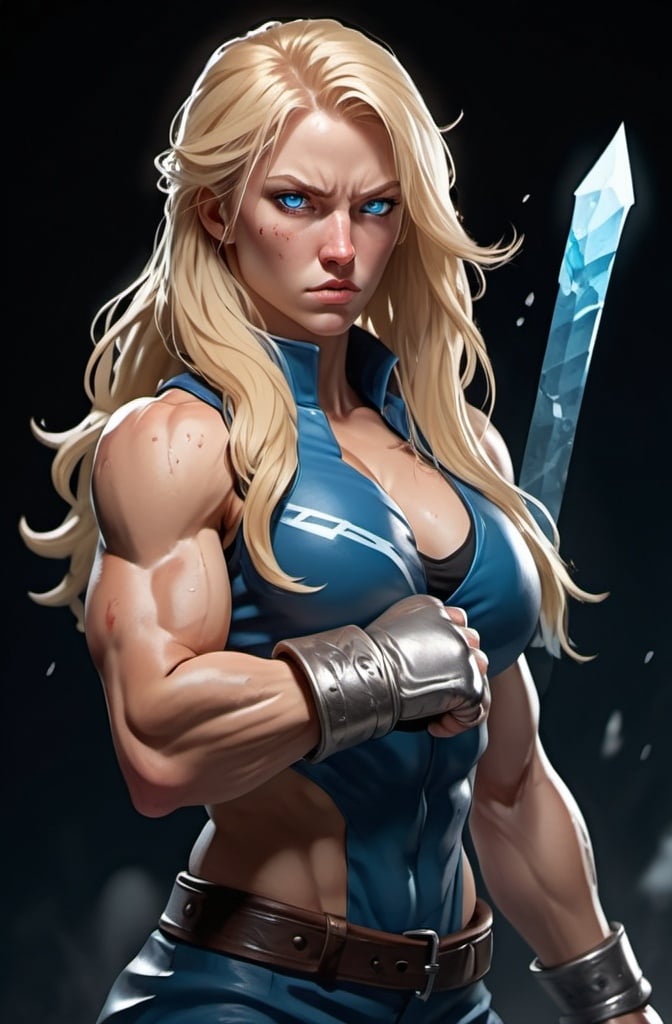 Prompt: Female figure. Greater bicep definition. Sharper, clearer blue eyes. Nosebleed. Long Blonde hair flapping. Frostier, glacier effects. Fierce combat stance. Raging Fists. Icy Knuckles.