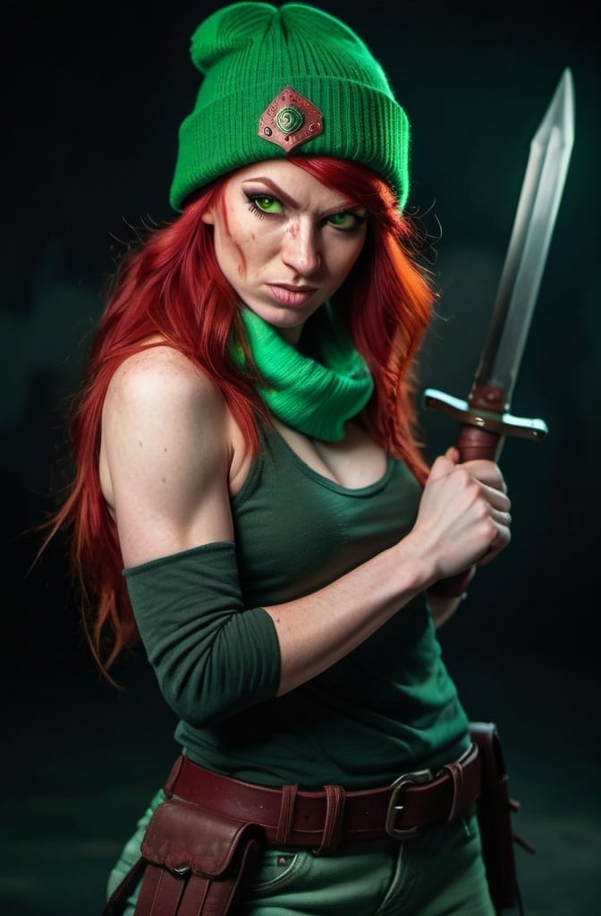 Prompt: Evil red-haired warrior woman, wearing a green beanie and a mischievous smirk. Carmine, red eyes. Fierce combat stance. 