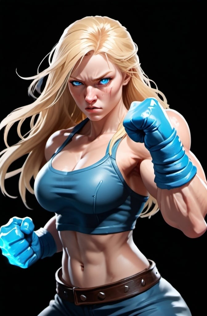 Prompt: Female figure. Greater bicep definition. Sharper, clearer blue eyes. Nosebleed. Long Blonde hair flapping. Frostier, glacier effects. Fierce combat stance. Raging Fists. Icy Knuckles. 