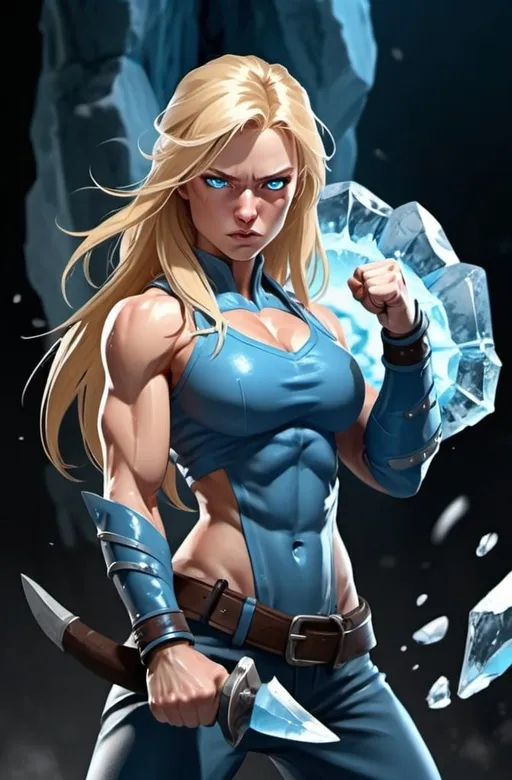 Prompt: Female figure. Greater bicep definition. Sharper, clearer blue eyes. Nosebleed. Long Blonde hair flapping. Frostier, glacier effects. Fierce combat stance. Raging Fists. Icy Knuckles. 