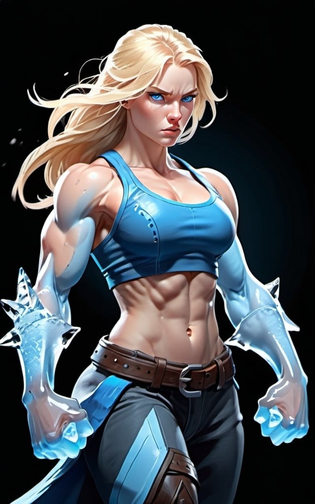 Prompt: Female figure. Greater bicep definition. Sharper, clearer blue eyes. Long Blonde hair flapping. Frostier, glacier effects. Fierce combat stance. Ice Fists.