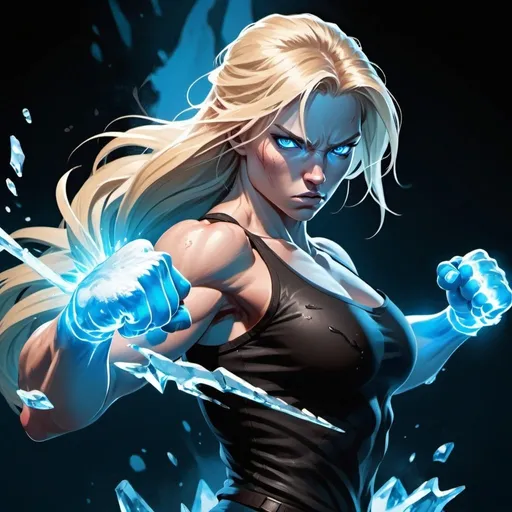 Prompt: Female figure. Greater bicep definition. Sharper, clearer blue eyes. Bleeding. Long Blonde hair flapping. Frostier, glacier effects. Fierce combat stance. Raging Fists. Icy Knuckles. 