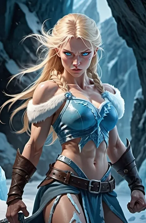 Prompt: Female figure. Greater bicep definition. Sharper, clearer blue eyes. Bleeding. Long Blonde hair flapping. Frostier, glacier effects. Fierce combat stance. Ice Daggers. 