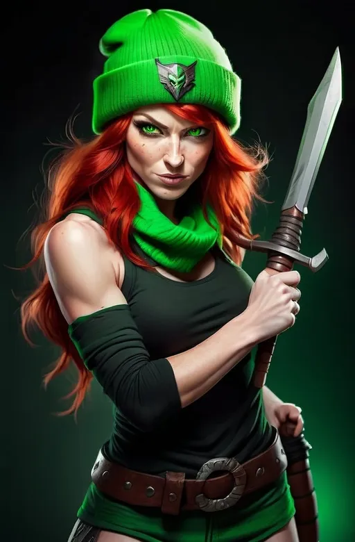 Prompt:  Evil red-haired warrior woman, wearing a green beanie and a mischievous smirk. Green eyes. Fierce combat stance. 