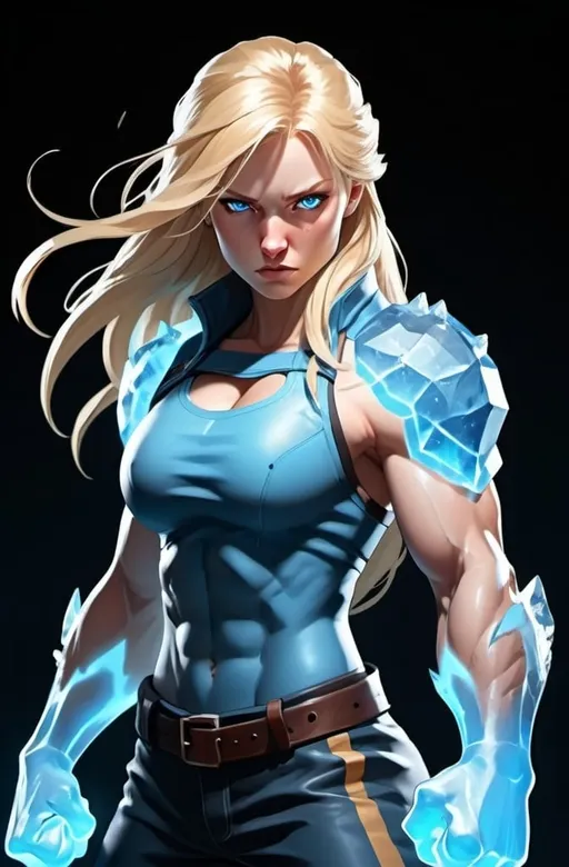 Prompt: Female figure. Greater bicep definition. Sharper, clearer blue eyes. Nosebleed. Long Blonde hair flapping. Frostier, glacier effects. Fierce combat stance. Raging Fists. Icy Knuckles. 