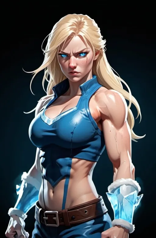 Prompt: Female figure. Greater bicep definition. Sharper, clearer blue eyes. Nosebleed. Long Blonde hair flapping. Frostier, glacier effects. Fierce combat stance. Raging Fists. Icy Knuckles.