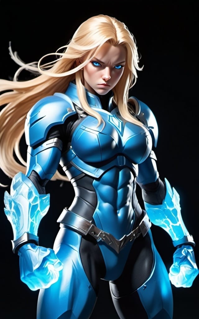 Prompt: Female figure. Greater bicep definition. Sharper, clearer blue eyes. Nosebleed. Long Blonde hair flapping. Frostier, glacier effects. Fierce combat stance. Raging Fists. Icy Knuckles. Blue armor suit.