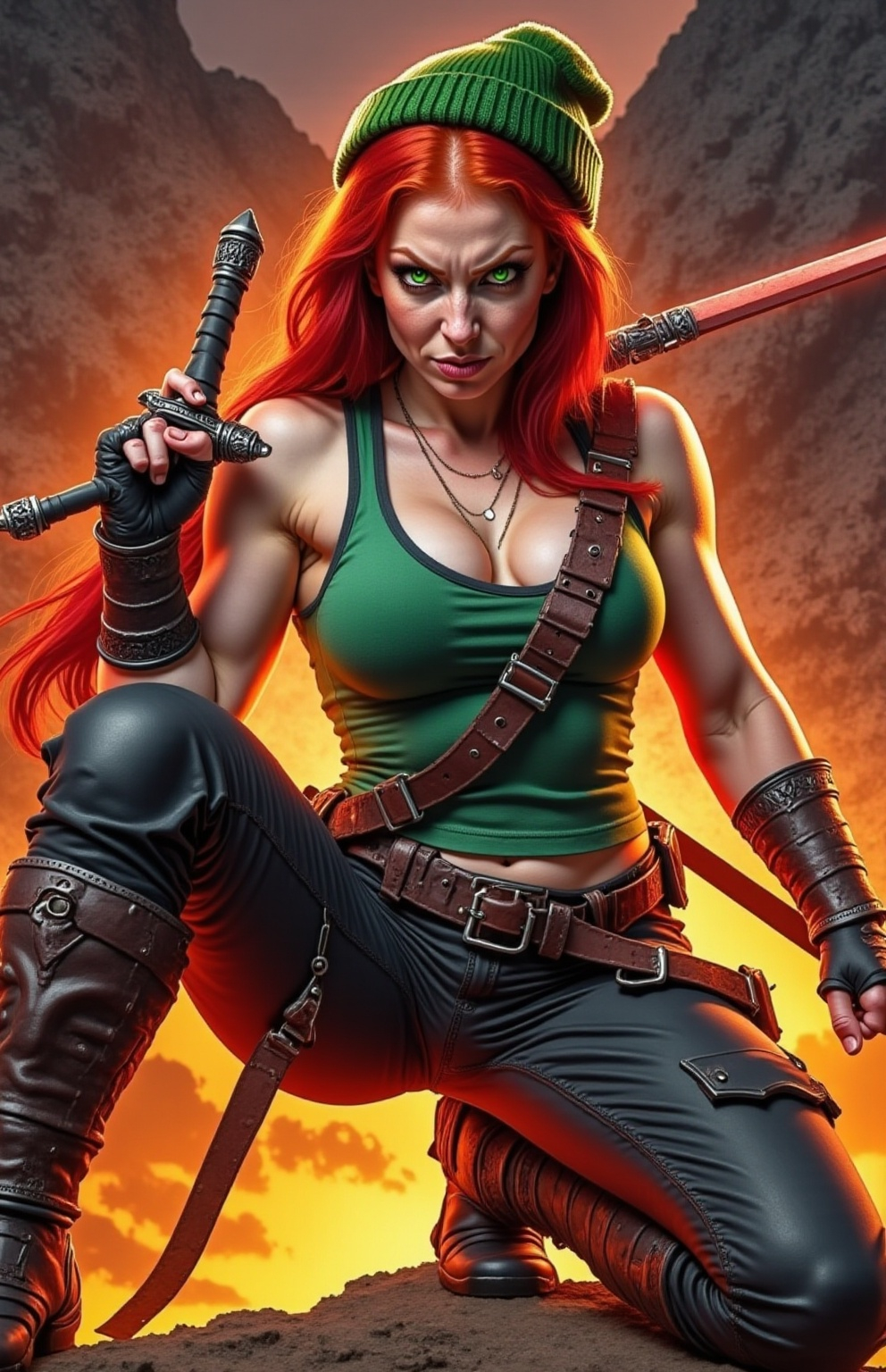 Prompt: @wbV7YKlXTFt2cBPb46HT A dynamic illustration of a confident female warrior, posed strikingly for the camera. She stands tall in the center of the frame, her armor gleaming under a mix of soft sunlight and dramatic shadows. Her long hair flows behind her, catching the light, while her fierce gaze meets the viewer's eyes. The background features a rugged landscape, with distant mountains and a clear blue sky, adding depth to the scene. Subtle dust swirls around her feet, hinting at a recent battle. The composition captures her strength and determination, framed perfectly to highlight her powerful stance and the intricate details of her armor.