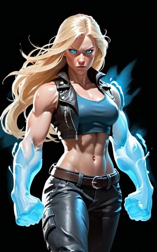 Prompt: Female figure. Greater bicep definition. Sharper, clearer blue eyes. Long Blonde hair flapping. Frostier, glacier effects. Fierce combat stance. Raging Fists. Leather Jacket.