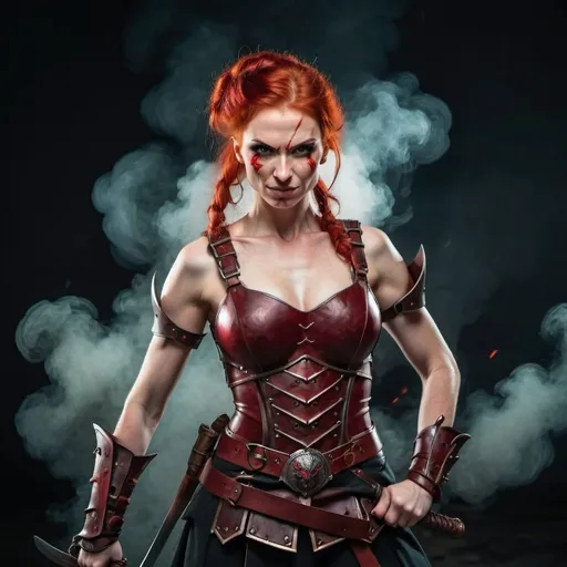 Prompt: Evil red-haired warrior woman with a mischievous grin. Carmine, red eyes. Fierce combat stance.