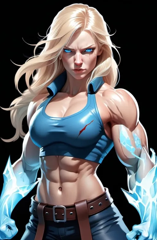 Prompt: Female figure. Greater bicep definition. Sharper, clearer blue eyes. Nosebleed. Long Blonde hair flapping. Frostier, glacier effects. Fierce combat stance. Raging Fists. Icy Knuckles.