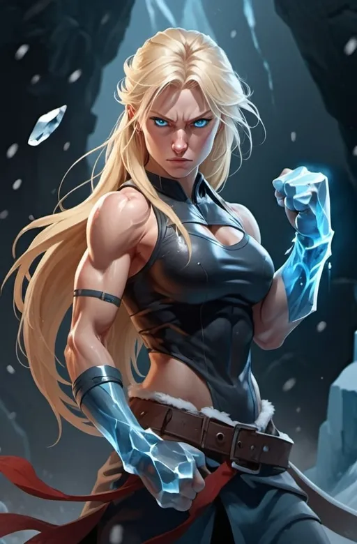 Prompt: Female figure. Greater bicep definition. Sharper, clearer blue eyes. Nosebleed. Long Blonde hair flapping. Frostier, glacier effects. Fierce combat stance. Raging Fists. Icy Knuckles.