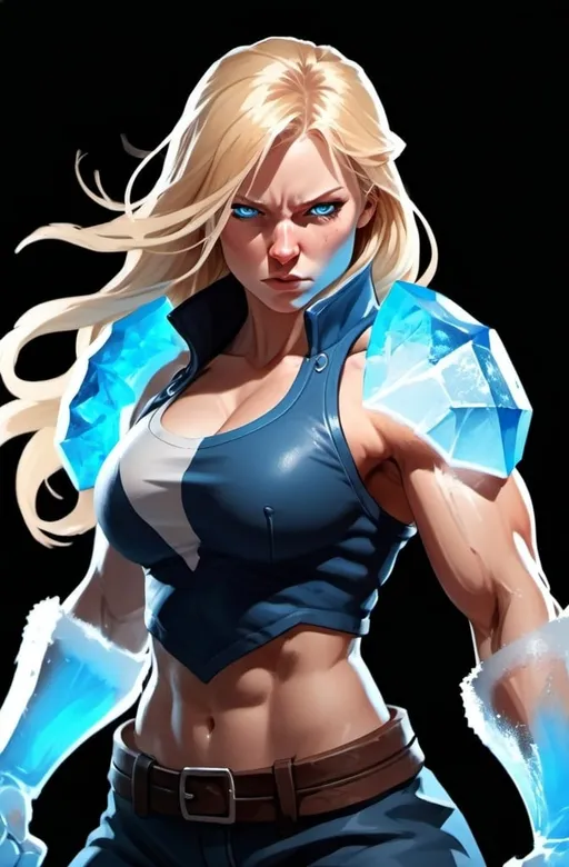 Prompt: Female figure. Greater bicep definition. Sharper, clearer blue eyes. Nosebleed. Long Blonde hair flapping. Frostier, glacier effects. Fierce combat stance. Raging Fists. Icy Knuckles. 