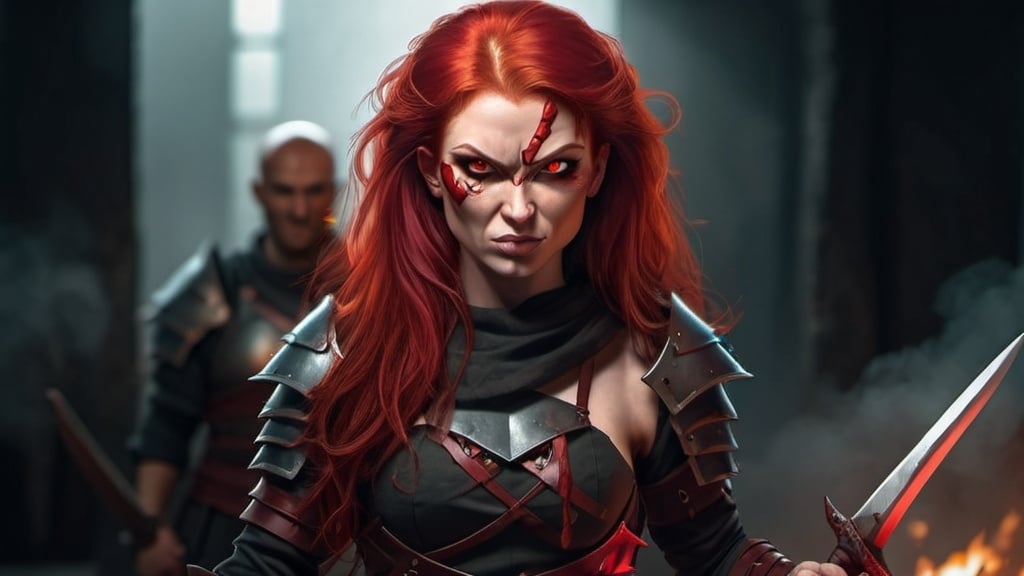 Prompt: Evil red-haired warrior woman with a mischievous grin. Carmine, red eyes. Fierce combat stance.