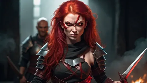 Prompt: Evil red-haired warrior woman with a mischievous grin. Carmine, red eyes. Fierce combat stance.