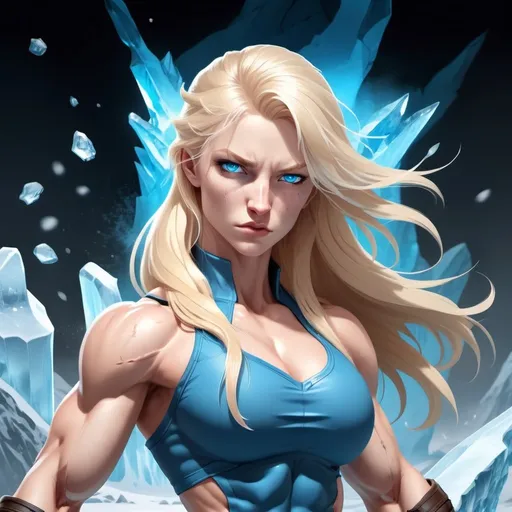 Prompt: Female figure. Greater bicep definition. Sharper, clearer blue eyes. Nosebleed. Long Blonde hair flapping. Frostier, glacier effects. Fierce combat stance. Raging Fists. Icy Knuckles.