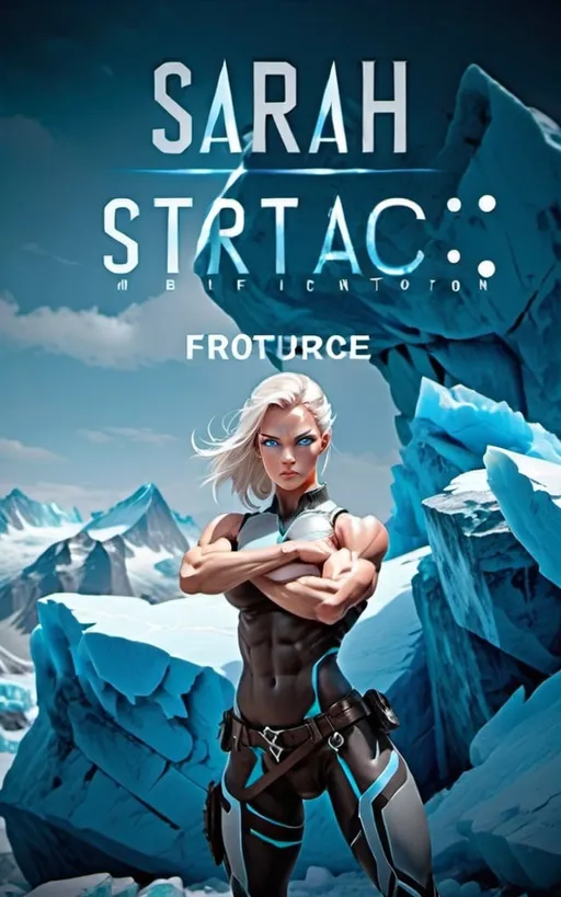 Prompt: Female figure. Greater bicep definition. Sharper, clearer blue eyes.  Frostier, glacier effects. Fierce combat stance. 