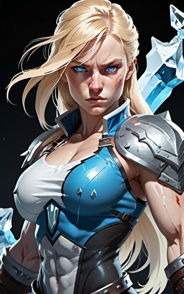 Prompt: Female figure. Greater bicep definition. Sharper, clearer blue eyes. Nosebleed. Long Blonde hair flapping. Frostier, glacier effects. Fierce combat stance. Icy Knuckles.