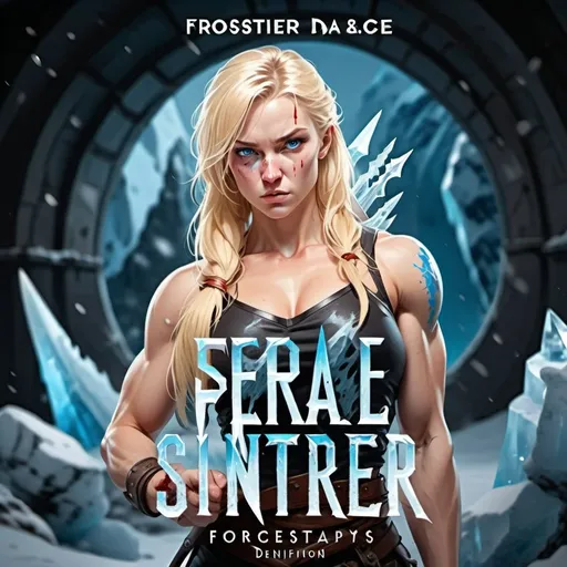 Prompt:  Female figure. Greater bicep definition. Sharper, clearer blue eyes. Blonde hair flapping. Nose bleed. Frostier, glacier effects. Fierce combat stance. Holding ice daggers. 