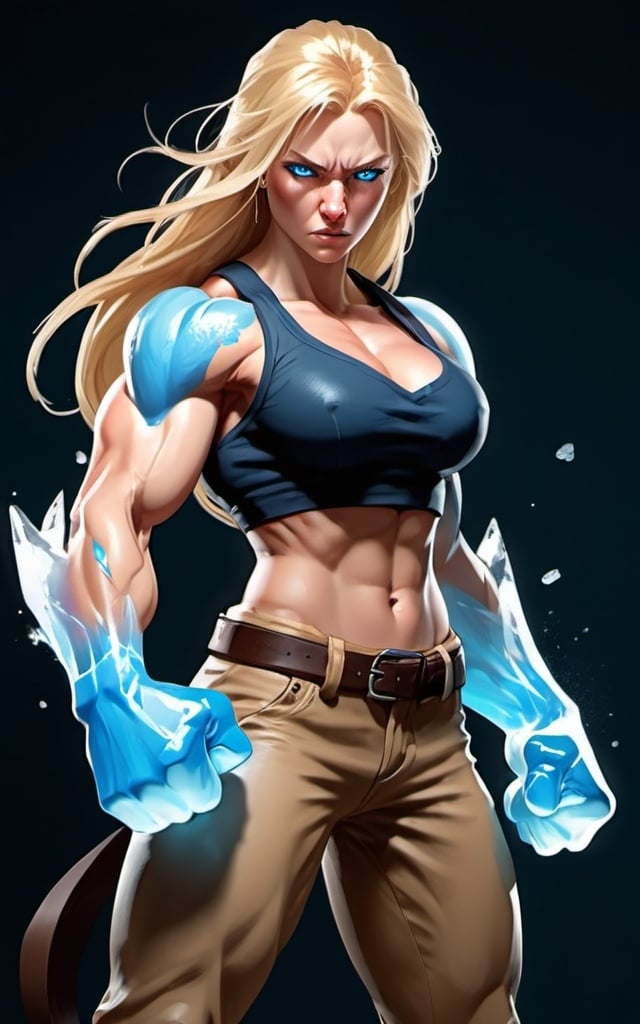 Prompt: Female figure. Greater bicep definition. Sharper, clearer blue eyes. Nosebleed. Long Blonde hair flapping. Frostier, glacier effects. Fierce combat stance. Raging Fists. Icy Knuckles. Wearing Pants. 