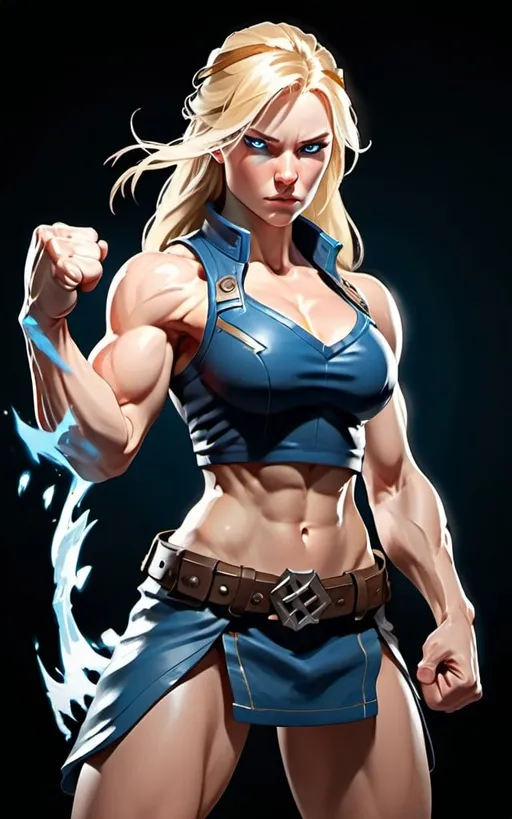 Prompt: Female figure. Greater bicep definition. Sharper, clearer blue eyes. Long Blonde hair flapping. Frostier, glacier effects. Fierce combat stance. Raging Fists. 