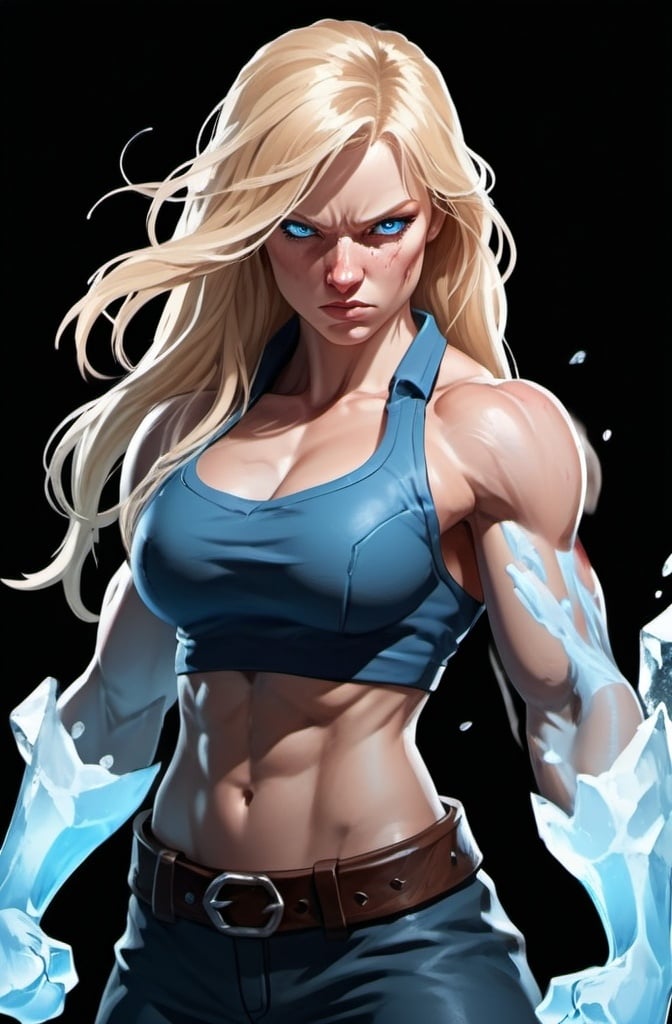 Prompt: Female figure. Greater bicep definition. Sharper, clearer blue eyes. Nosebleed. Long Blonde hair flapping. Frostier, glacier effects. Fierce combat stance. Raging Fists. Icy Knuckles. 