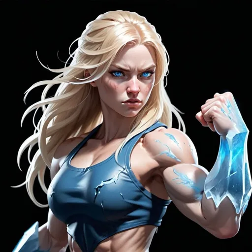 Prompt: Female figure. Greater bicep definition. Sharper, clearer blue eyes. Bleeding. Long Blonde hair flapping. Frostier, glacier effects. Fierce combat stance. Icy Knuckles. 