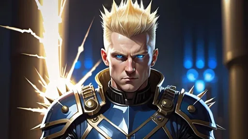 Prompt: Male Figure. Strong. Spikey Blonde hair. Clean shaven. Blue eyes. Emperor. Wearing a spikey Electricity Gauntlet. Lighting background. Leading an Army.  